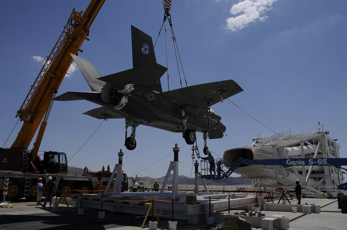 A fighter jet being lifted by a crane on a clear day